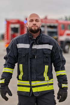 A symbolically brave firefighter strides forward with unwavering courage, epitomizing dedication and leadership, while behind him, a modern firetruck stands ready for firefighting actions, capturing the essence of heroism and preparedness in the face of emergency.