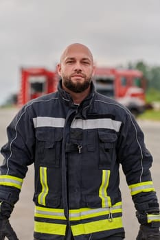 A symbolically brave firefighter strides forward with unwavering courage, epitomizing dedication and leadership, while behind him, a modern firetruck stands ready for firefighting actions, capturing the essence of heroism and preparedness in the face of emergency.