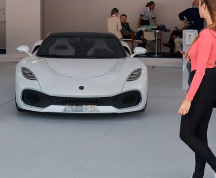 Monaco, Monte Carlo, 28 September 2022 - Deus Vayanne Electric Hypercar on exhibition of exclusive cars during the yacht show, the famous motorboat exhibition in the principality. High quality photo