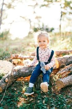 Little smiling girl sits with a toy cat in her hands on a log in a clearing in the forest. High quality photo