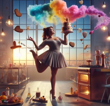 glamourous chef in steampunk kitchen with windiwn natural light cooking posing dancing singing illustration generative ai art