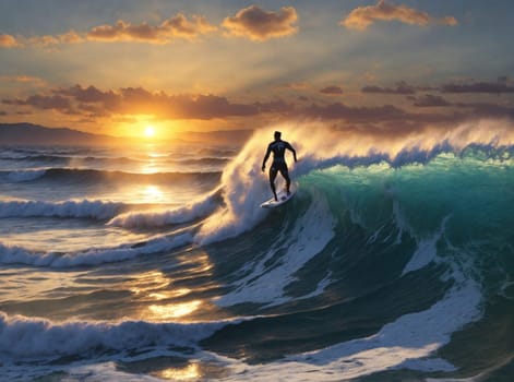 one male surfer catch waves in the sea at sunset in idyllic place beach ai generated