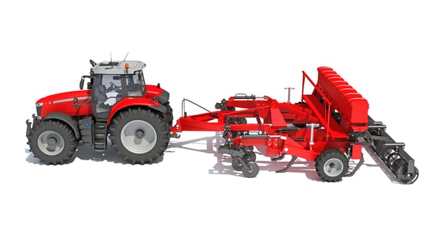 Farm Tractor with Seed Drill 3D rendering model on white background