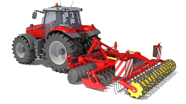 Farm Tractor with Seed Drill 3D rendering model on white background