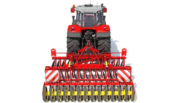 Farm Tractor with Seed Drill 3D rendering model on white background