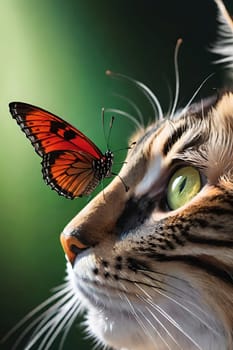 Close-up portrait of a beautiful cat with a butterfly.Portrait of a beautiful cat with a butterfly on background. Animal theme.