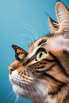 Close-up portrait of a beautiful cat with a butterfly.Portrait of a beautiful cat with a butterfly on background. Animal theme.