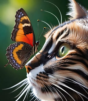 Close-up portrait of a beautiful cat with a butterfly.Portrait of a beautiful cat with a butterfly on background. Animal theme.