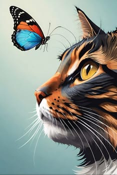 Close-up portrait of a beautiful cat with a butterfly.Portrait of a beautiful cat with a butterfly on background. Animal theme.