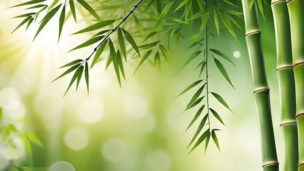 Bamboo forest with green leaves. Beautiful nature background. Vector illustration.Bamboo forest with sunlight and bokeh. Natural background.Green bamboo forest in the morning. Nature background. Shallow depth of field.