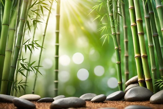 Bamboo forest with green leaves. Beautiful nature background. Vector illustration.Bamboo forest with sunlight and bokeh. Natural background.Green bamboo forest in the morning. Nature background. Shallow depth of field.