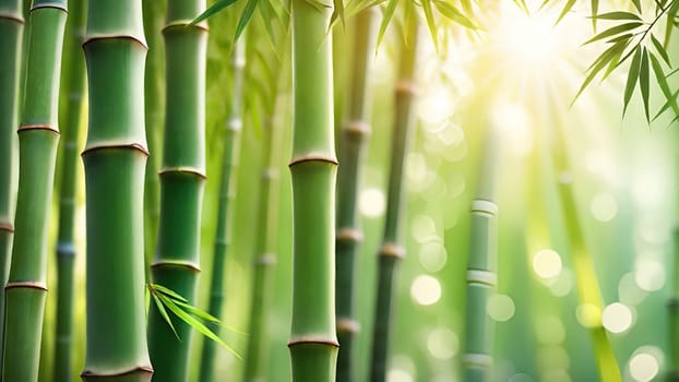 Bamboo forest with green leaves. Beautiful nature background. Vector illustration.Bamboo forest with sunlight and bokeh. Natural background.Green bamboo forest in the morning. Nature background. Shallow depth of field.