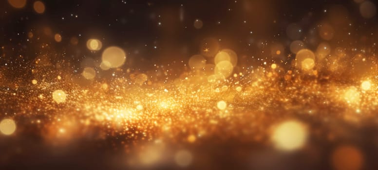 Abstract background with golden sparkles, shiny bokeh glitter lights. Festive gold background for card, flyer, invitation, placard, voucher, banner