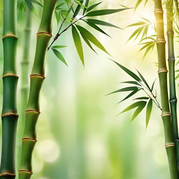 Bamboo forest with green leaves. Beautiful nature background. Vector illustration.Bamboo forest with sunlight and bokeh. Natural background.Green bamboo forest in the morning. Nature background. Shallow depth of field.