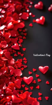 Red hearts on black background. Valentine's Day backdrop. Vertical banner, voucher or greeting card for smartphone