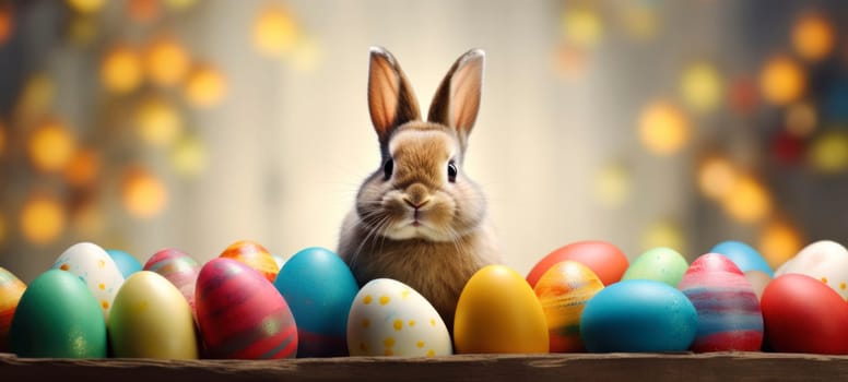 Easter cute bunny sitting among many colored eggs, holiday banner or greeting card with copy space