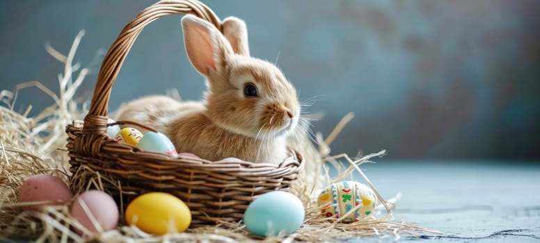 Cute young Easter bunny in a wicker basket with dyed eggs on a wooden table. Easter banner with copy space