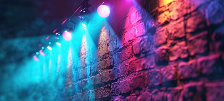 Disco style background with brick wall with neon blue, purple and yellow lights, bokeh.