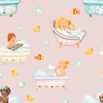 Seamless pattern of watercolor children in the bath different nationality, playing bath toys. A lot of soap foam in the bath. Watercolor isolated illustration. Cosy funny design.