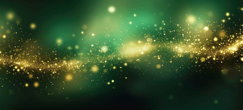 Waves of golden sparkles, shiny glitter bokeh lights on green background. Abstract festive background for card, flyer, invitation, placard, voucher, banner