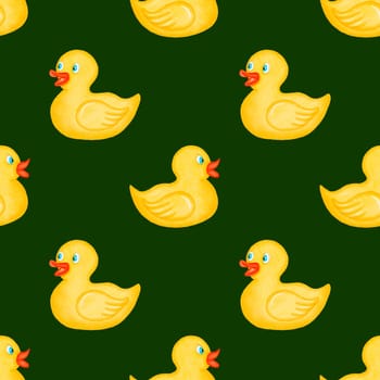 Watercolor seamless pattern (tiled). Yellow duck pattern. Toys. Bath duck background. Design for kids, children, textile, fabric, home decor. Rubber ducks for bath. Painted ornament.