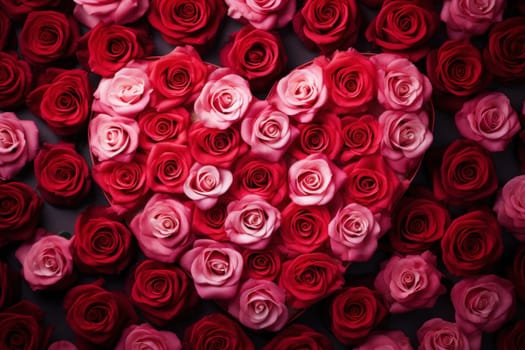 Rose flowers are artfully arranged in the shape of a heart, creating a romantic floral masterpiece. Valentine's Day background. Top view background.