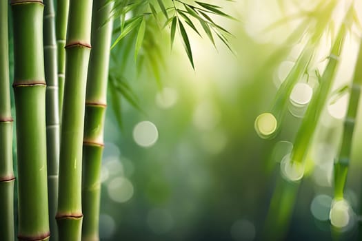 Bamboo forest with green leaves. Beautiful nature background. Vector illustration.Bamboo forest with sunlight and bokeh. Natural background.Green bamboo forest in the morning. Nature background. Shallow depth of field.