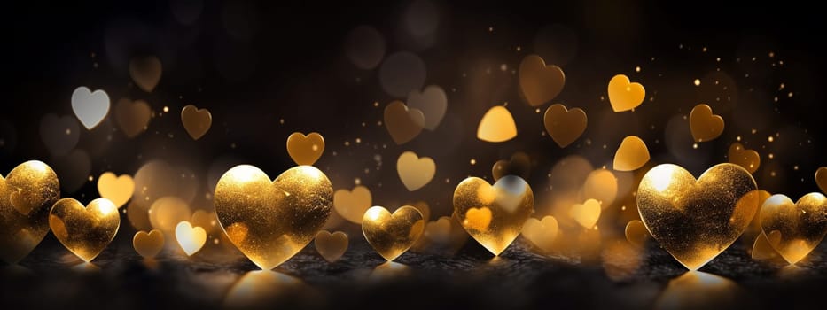 Beautiful golden hearts on a dark bokeh background. Selective focus. Holiday Generative AI,