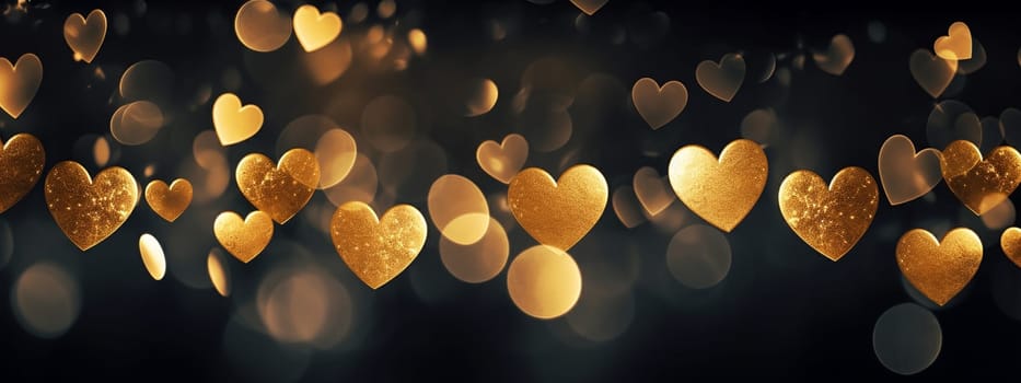 Beautiful golden hearts on a dark bokeh background. Selective focus. Holiday Generative AI,