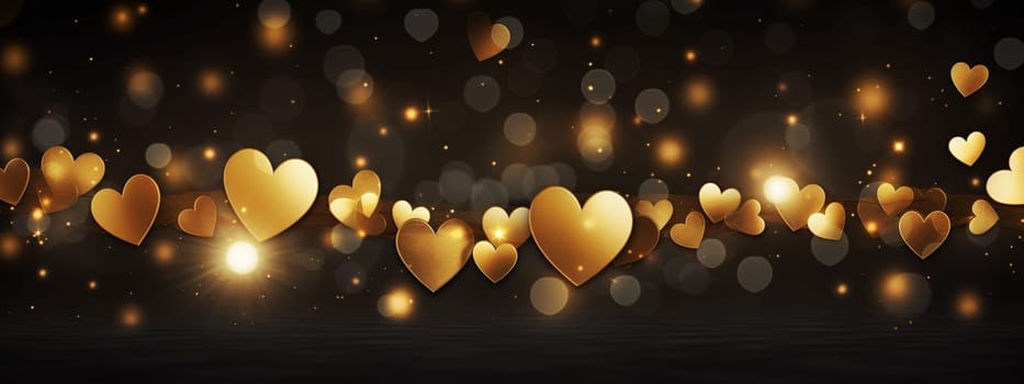 Beautiful golden hearts on a dark bokeh background. Selective focus. Holiday Generative AI,