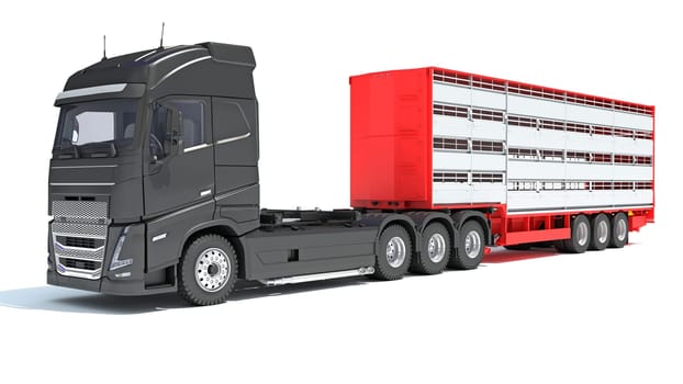 Truck with Animal Transporter Trailer 3D rendering model on white background