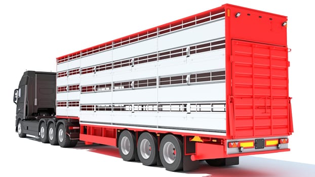 Truck with Animal Transporter Trailer 3D rendering model on white background