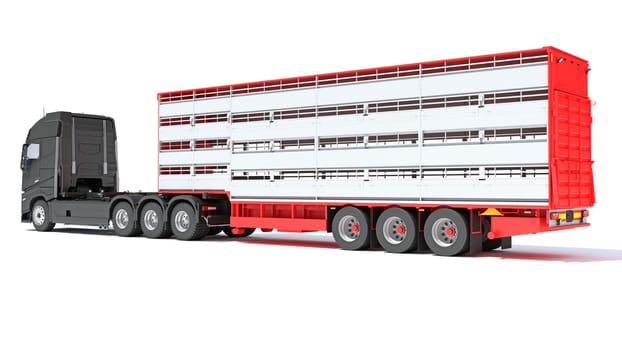 Truck with Animal Transporter Trailer 3D rendering model on white background