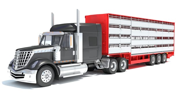 Truck with Animal Transporter Trailer 3D rendering model on white background