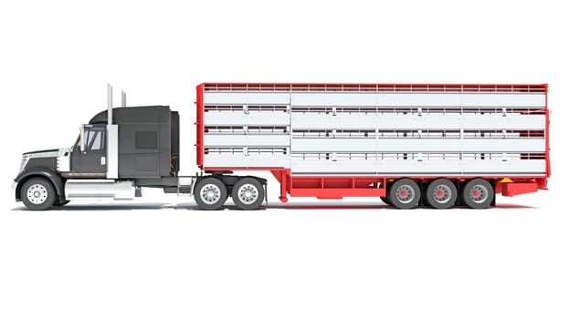 Truck with Animal Transporter Trailer 3D rendering model on white background