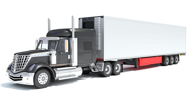 Truck with Refrigerator Trailer 3D rendering model on white background