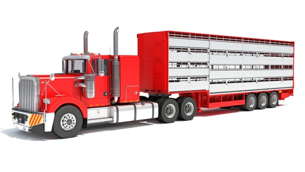 Truck with Animal Transporter Trailer 3D rendering model on white background