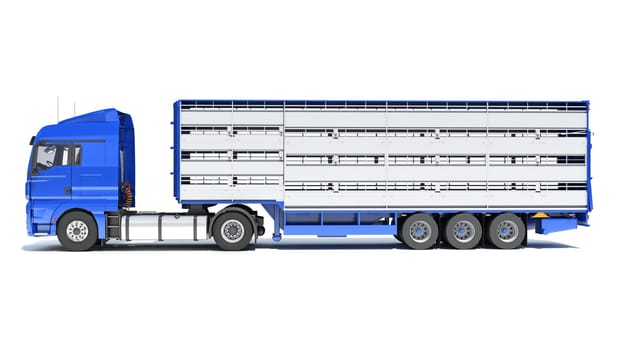 Truck with Animal Transporter Trailer 3D rendering model on white background