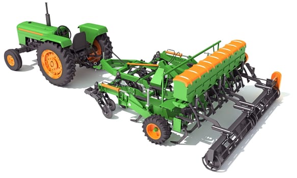 Tractor with Seed Drill farm equipment disc harrow 3D rendering model on white background