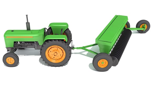 Tractor with Seed Drill farm equipment disc harrow 3D rendering model on white background