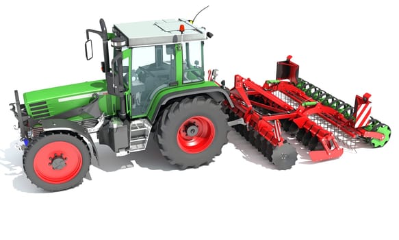 Tractor with Seed Drill farm equipment disc harrow 3D rendering model on white background