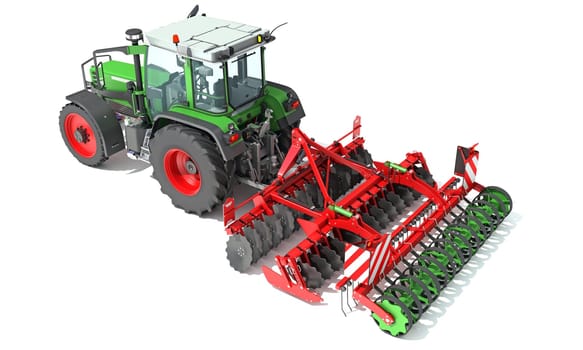 Tractor with Seed Drill farm equipment disc harrow 3D rendering model on white background