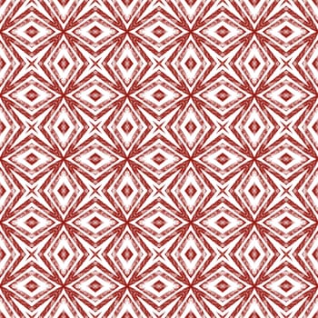 Ikat repeating swimwear design. Wine red symmetrical kaleidoscope background. Textile ready lively print, swimwear fabric, wallpaper, wrapping. Summer ikat sweamwear pattern.