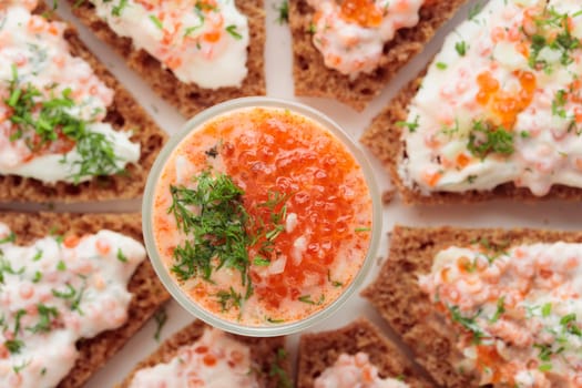 Homemade appetizer with red caviar, sour cream, dill, onion and rye bread on the white table - the traditional finnish recipe for a holiday food, flat lay in minimalistic style, healthy eating concept, horizontal