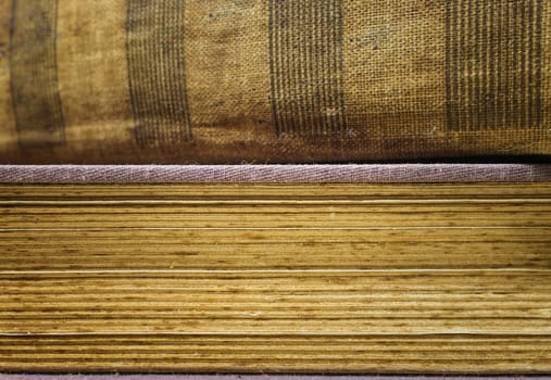 Macrophotographic view of the pages and spine of old books, with shallow depth of field and lots of texture.