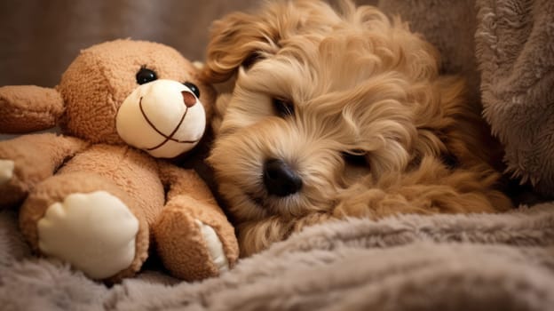 Cute dog sleeps on a soft pillow. The puppy sleeps in an embrace with his soft toy AI
