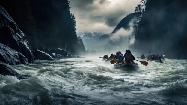 Group of travelers kayaking down a stormy river AI
