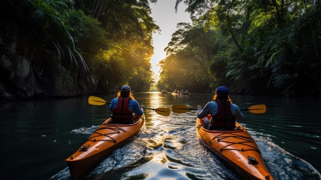 Group of friends enjoying fun and kayaking exploring the calm river, surrounding forest and large natural river AI