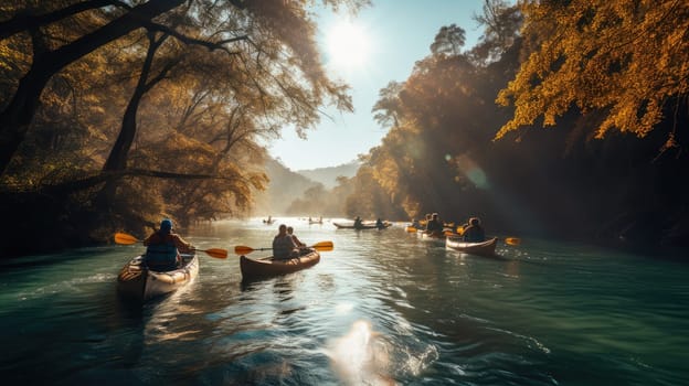 Group of friends enjoying fun and kayaking exploring the calm river, surrounding forest and large natural river AI