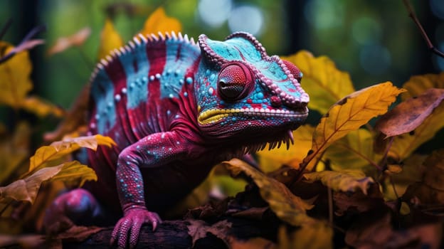 Chameleon changes the color of its skin, camouflaging itself against the background of leaves AI